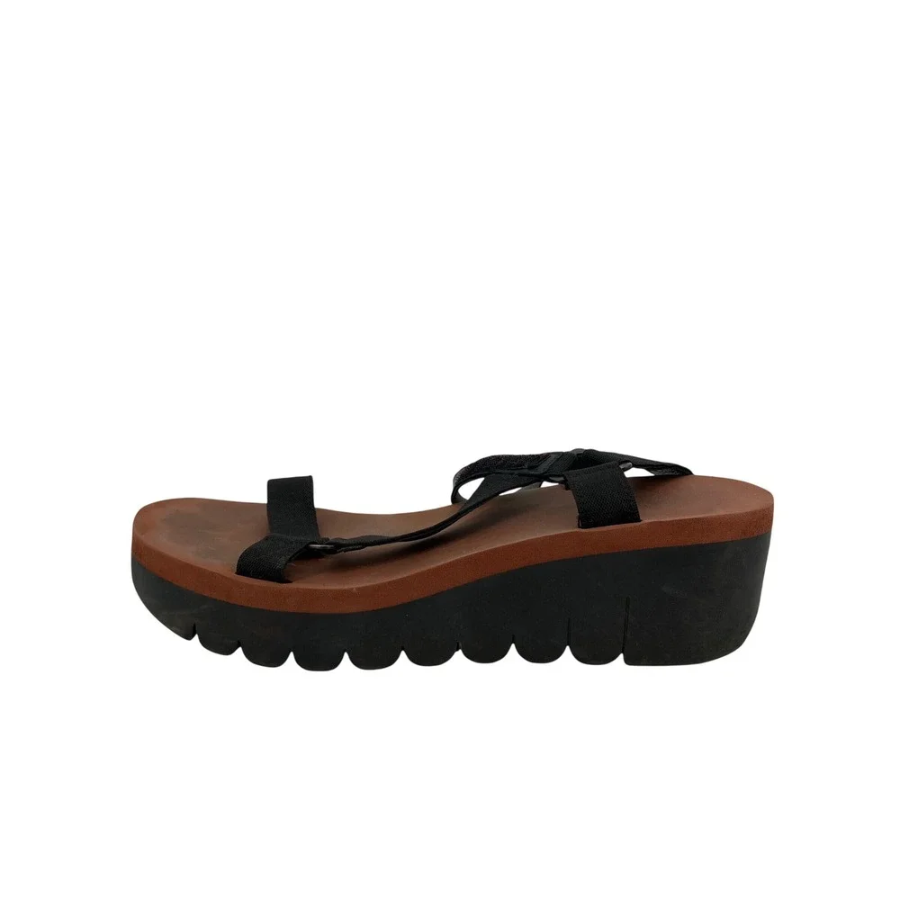 Fly London Platform Wedge Sandals Womens 40 Black Serrated Sole Strappy